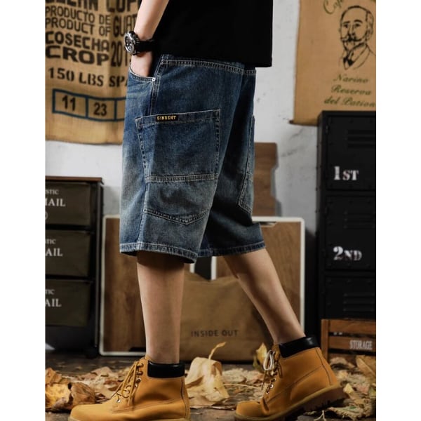 Wide silhouette denim short pants P1044