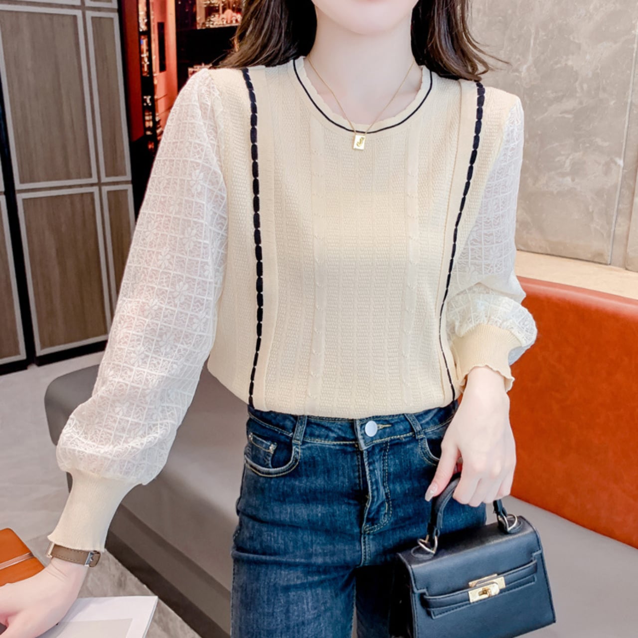 長袖 レーススリーブ ニットプルオーバー K1085