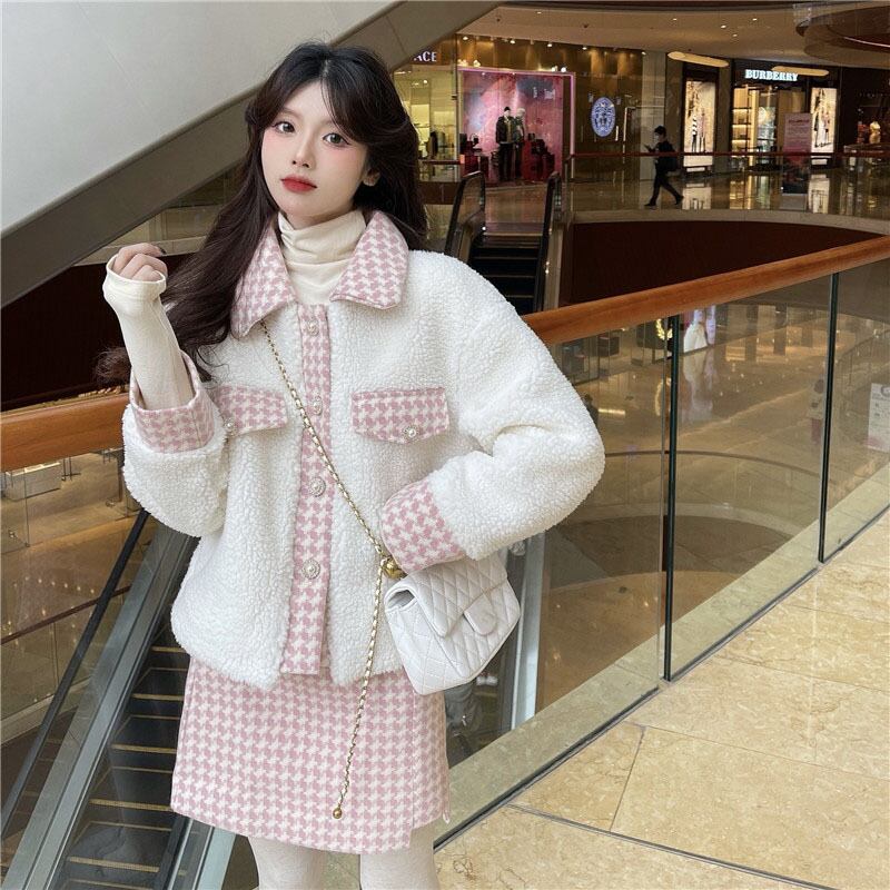 ウィンター格子柄ウールコート スカート 大人ガーリー スウィート キュート カジュアル 冬物 ステッチ 萌量不足33121890675