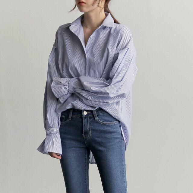 レディース トップス シャツ 袖フリル 袖フレア オフィスカジュアル オフィスコーデ 体系カバー ストライプ ロング 長袖 襟付きカジュアル キレカジ フェミニン ネイビー S/M/L/XL