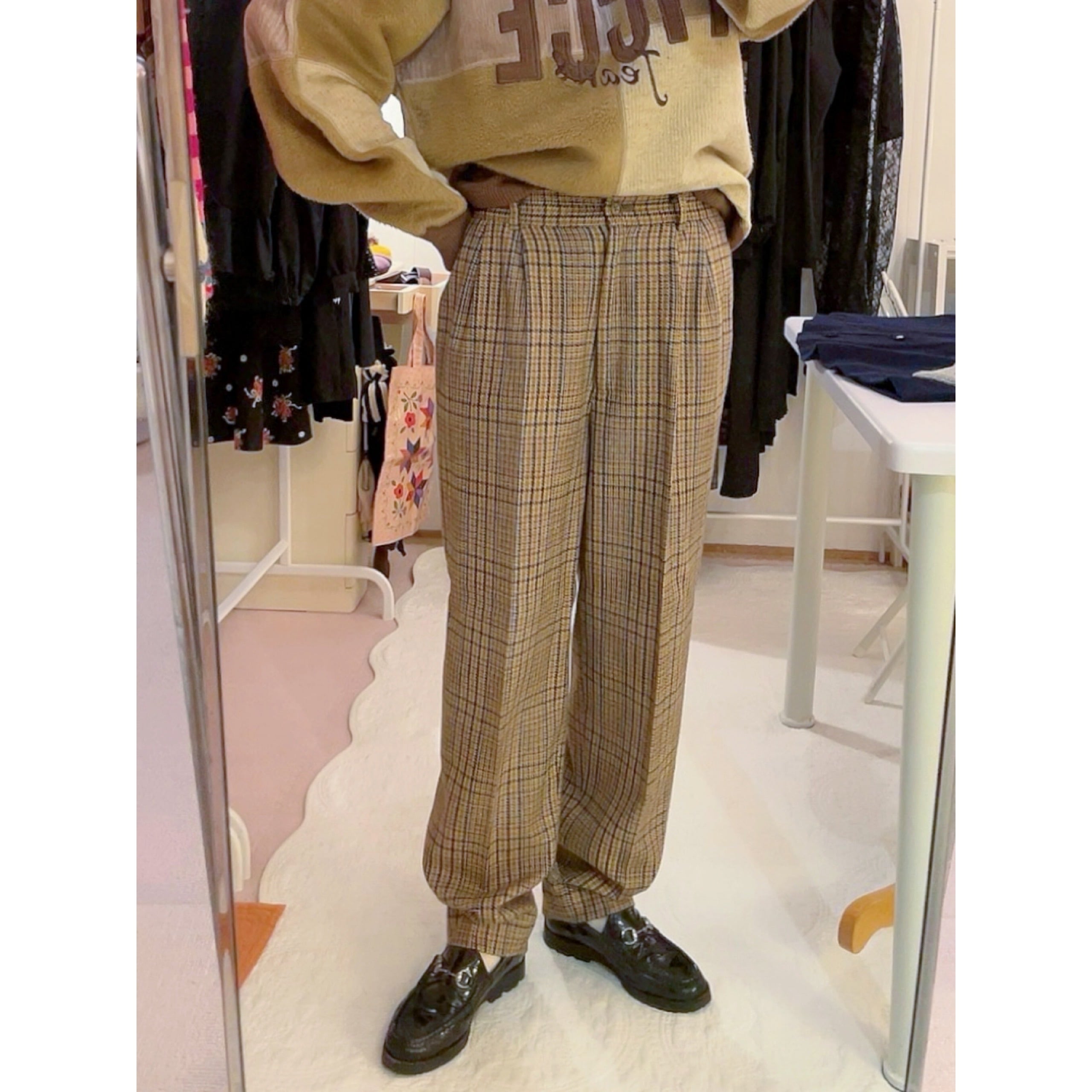 beige check wool tuck pants