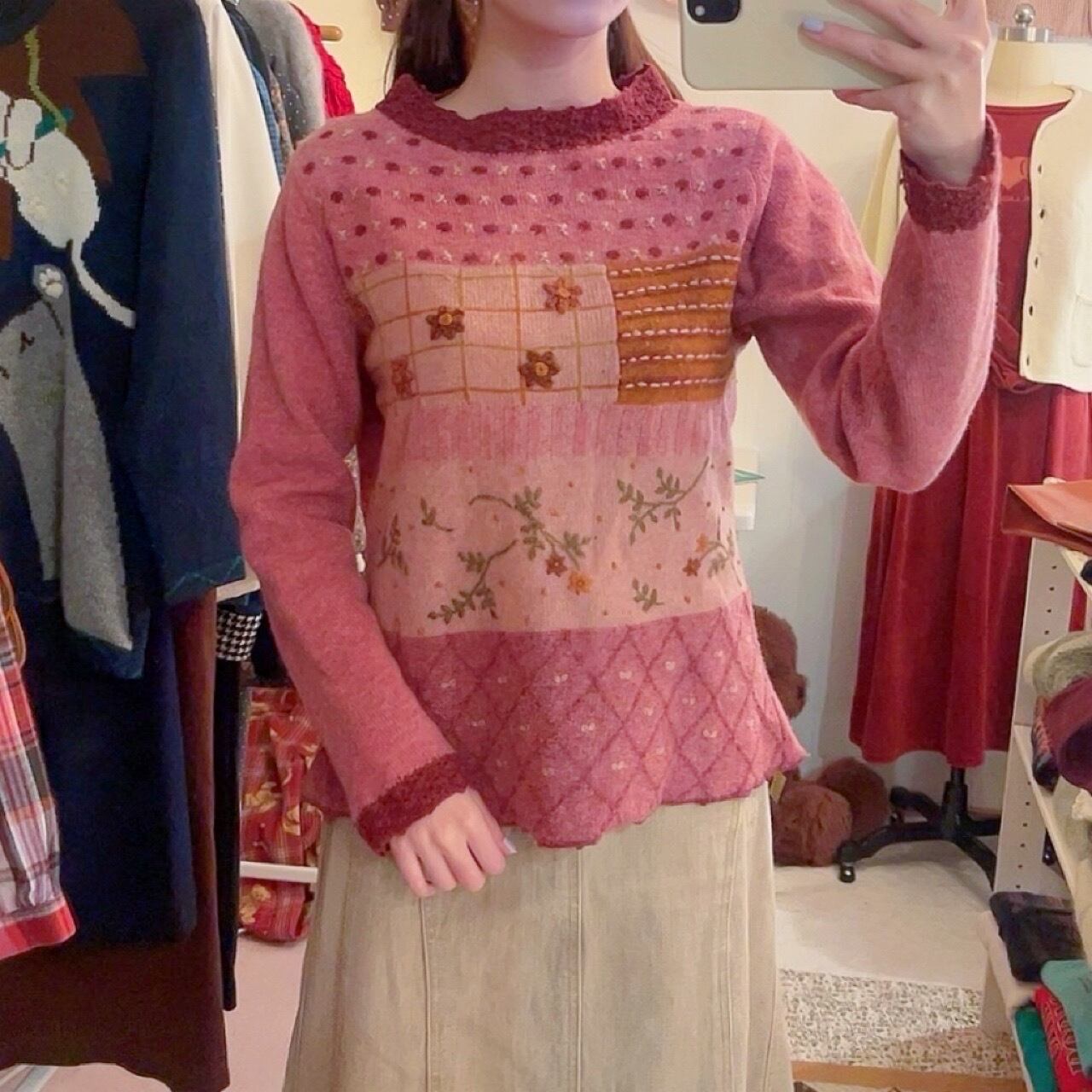 pink flower wool knit sweater