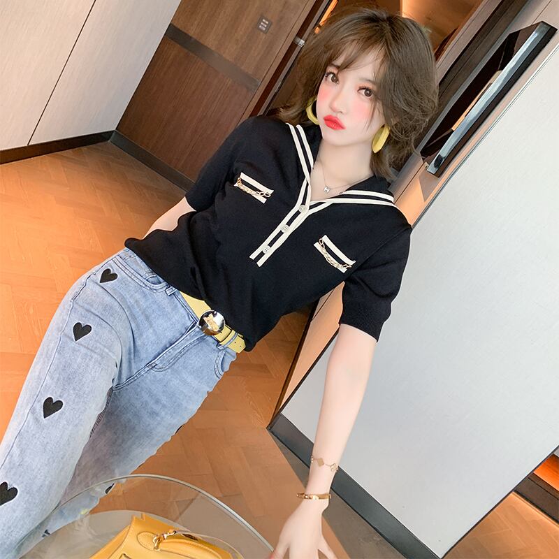 ボタンカラーストライプフィットニットTシャツ MIUCO74259123271