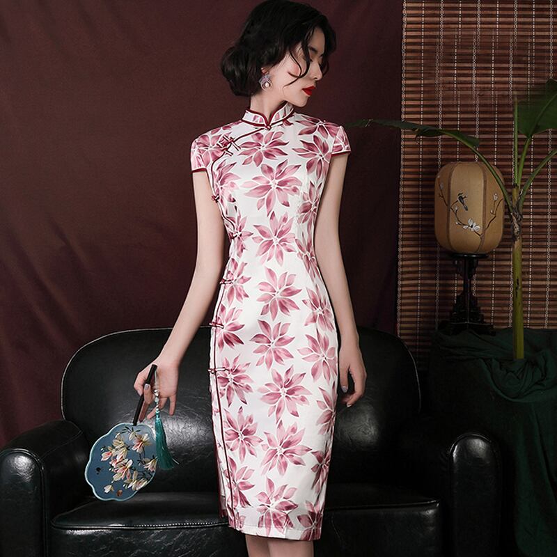 チャイナドレス ワンピース チャイナ風服 中華服 スタンドネック 半袖 膝丈 エレガント 着痩せ 上品 大きいサイズ M L Ll 3l 4l 普段着 パーティー 女子会 花柄 Elegant