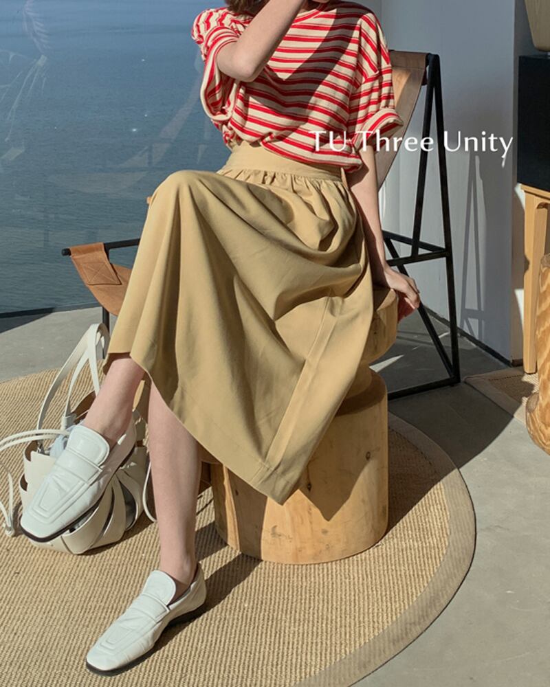 スタンダードハイウェストAラインスカート 薄手ソリッド カラー レトロ ソリッドカラー ビッグFスモールZ韓国69986521891