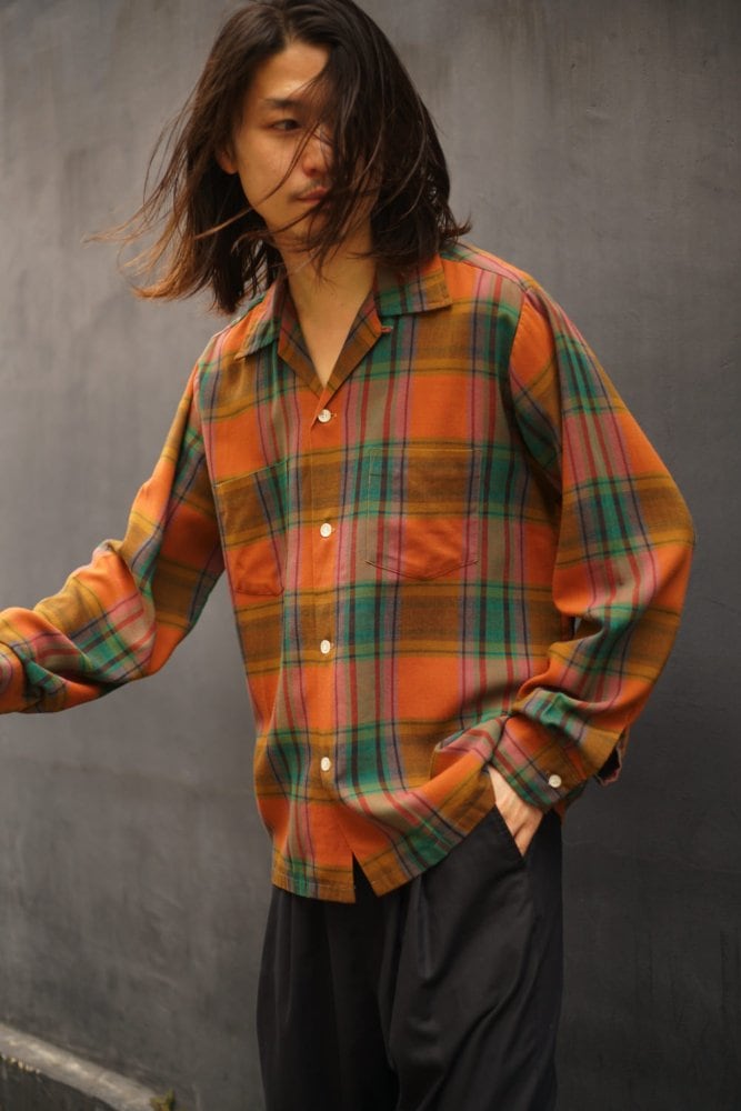 BRENT] Vintage Ombre Check Open Collar Rayon Shirt [1960s