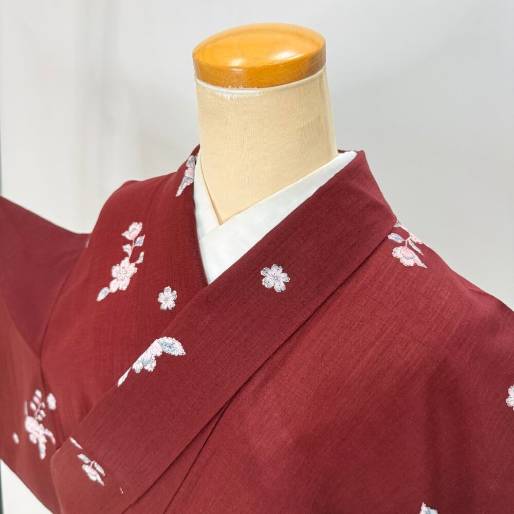 小紋 夏 紗 夏用 洗える着物 裄66.7cm 身丈163cm 花柄 お洒落着 普段着 ポリエステル エンジ 美品 M サイズ 5974