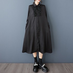 BLACK LONG SLEEVES A-LINE MIDI SHIRT DRESS 1color M-11970