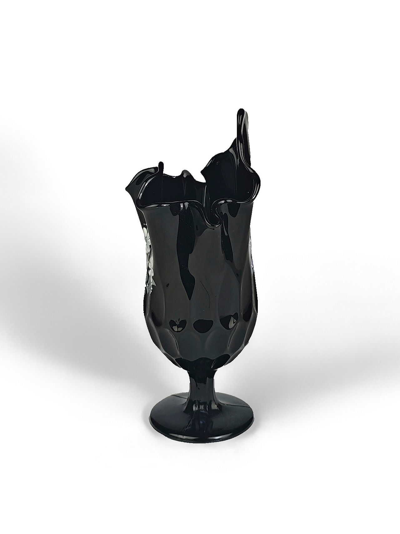 ヴィンテージ雑貨 フェントン アートグラス 黒ガラス花瓶（ハンドペイント）