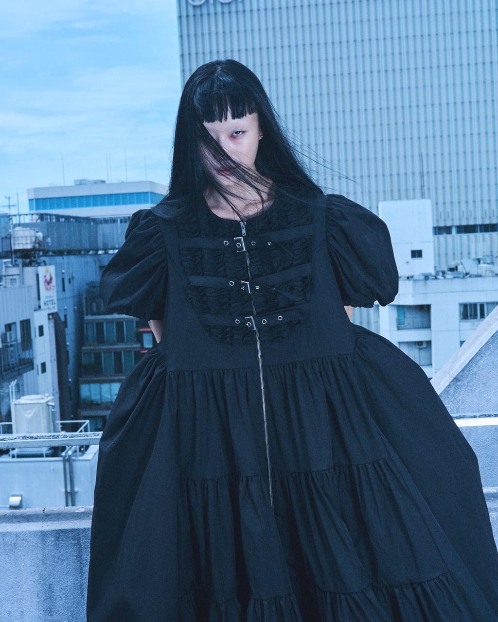 ボンテージバルーンスリーブワンピース　BLACK
