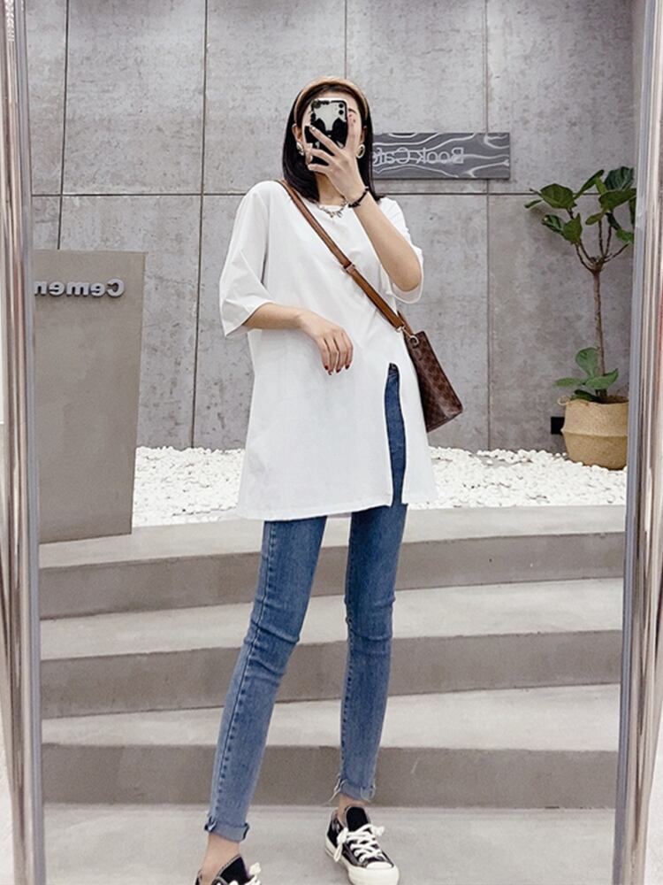 スタイルラウンドネックスプリングサマートップス シャツ 大きめサイズ 春物 夏物 Oネック ミックスインファッション45424704695