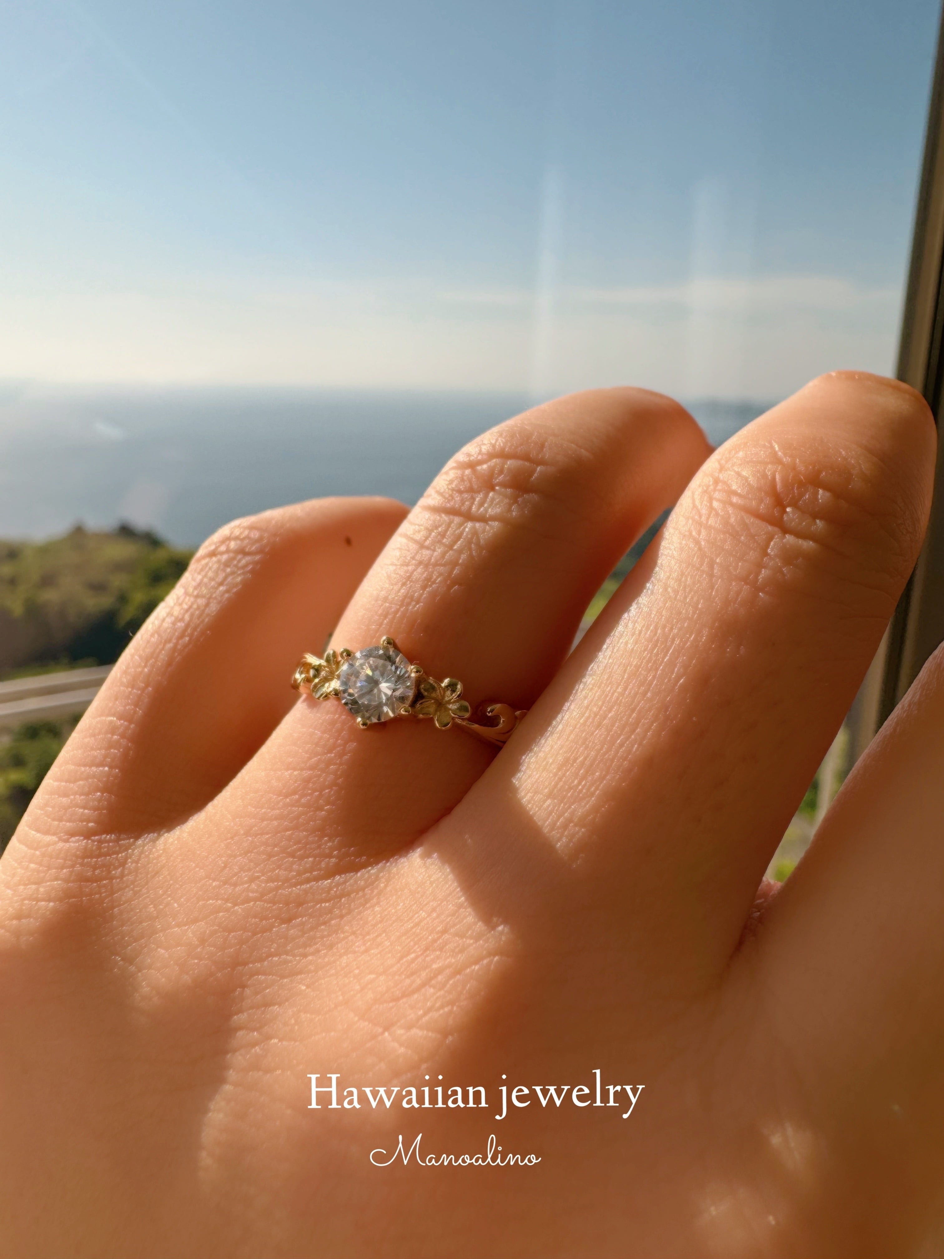 手彫り】Cz Diamond×Plumeria ring Hawaiian jewelry(Czダイヤモンド