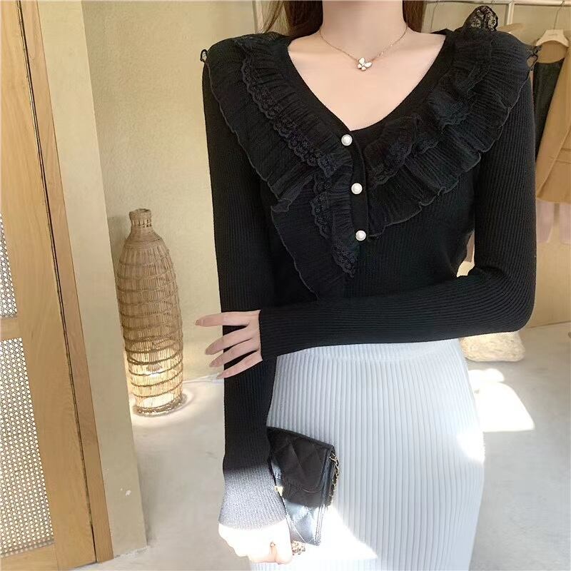 パールボタン　レースフリルリブニット　　AJ111-887