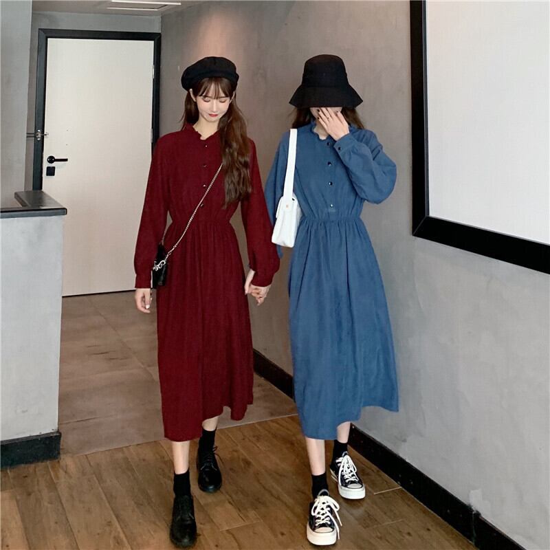 レトロワンピース ワンピ 長袖 ワントーン 無地 シンプル カジュアル レトロ 韓国ファッション 4color Luluca 韓国トレンドファッションluluca ルルカ