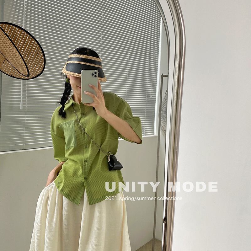 カラーシャツ ジャケット レディースサマーストライプスリーブ 夏物 ビッグFスモールZ韓国71549373653