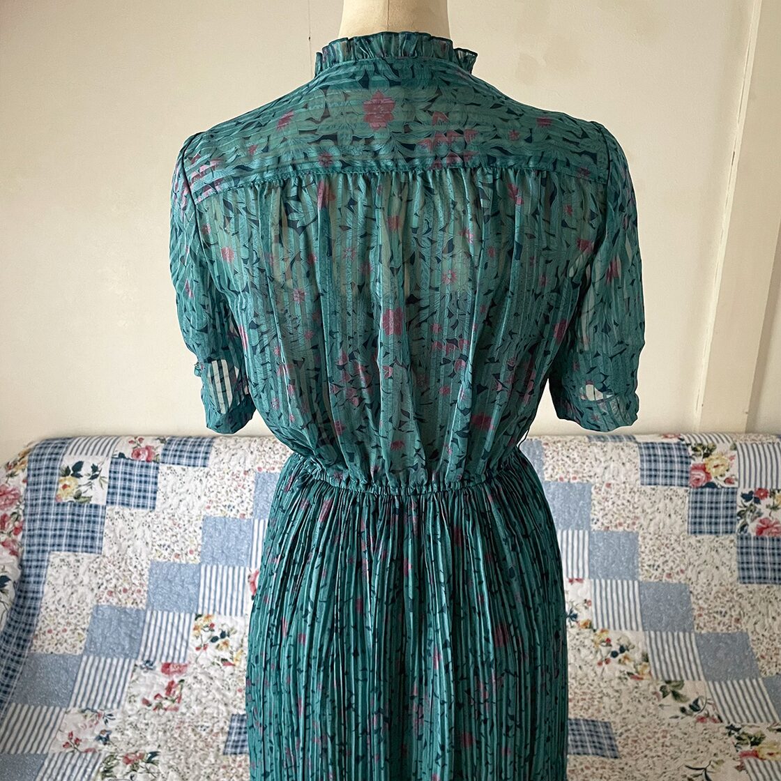 60-70s ターコイズブルー 花柄 フリルプリーツ ワンピース 昭和レトロ 