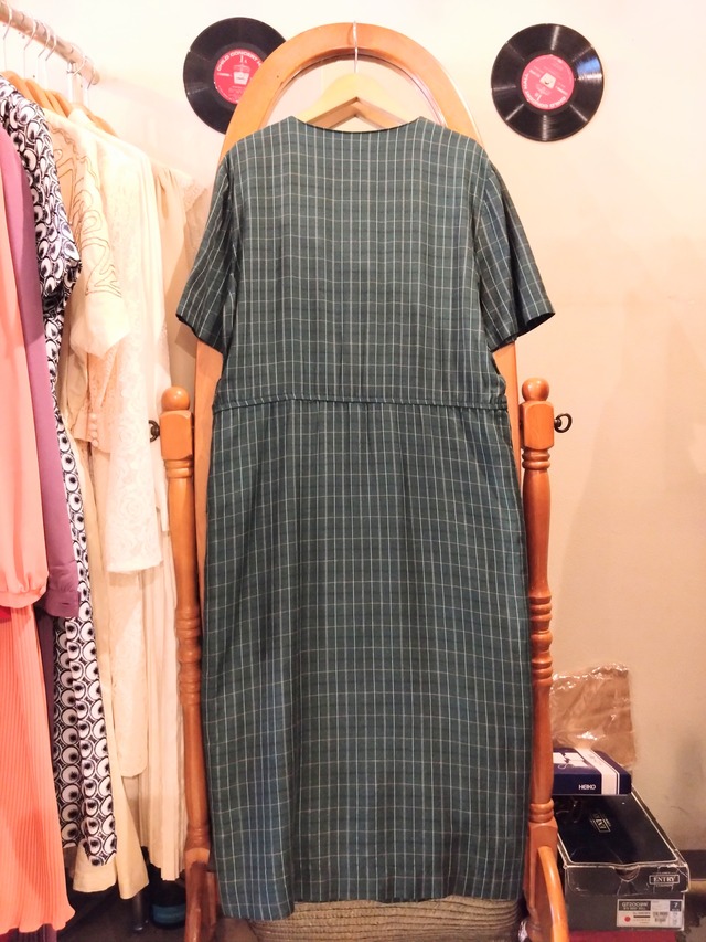 濃深緑色でか黒ボタンIラインチェックワンピース/アンティークビンテージドレスリネンMADEINJAPANVintage日本製古着麻