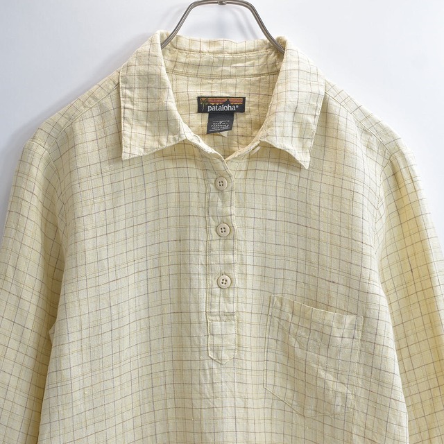 pataloha パタロハ 53045S02 ヘンプ プルオーバー シャツ 7分袖 チェック柄 麻 総柄シャツ クリーム patagonia パタゴニア ヴィンテージ ビンテージ アメリカ古着 レディース S～M相当