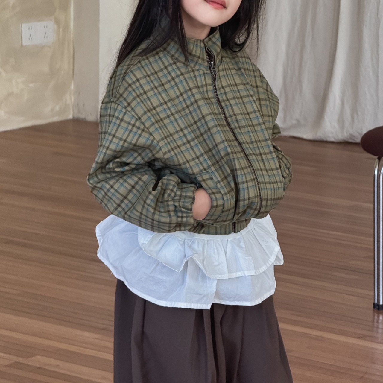 秋レトログリーンチェック柄ジャケット