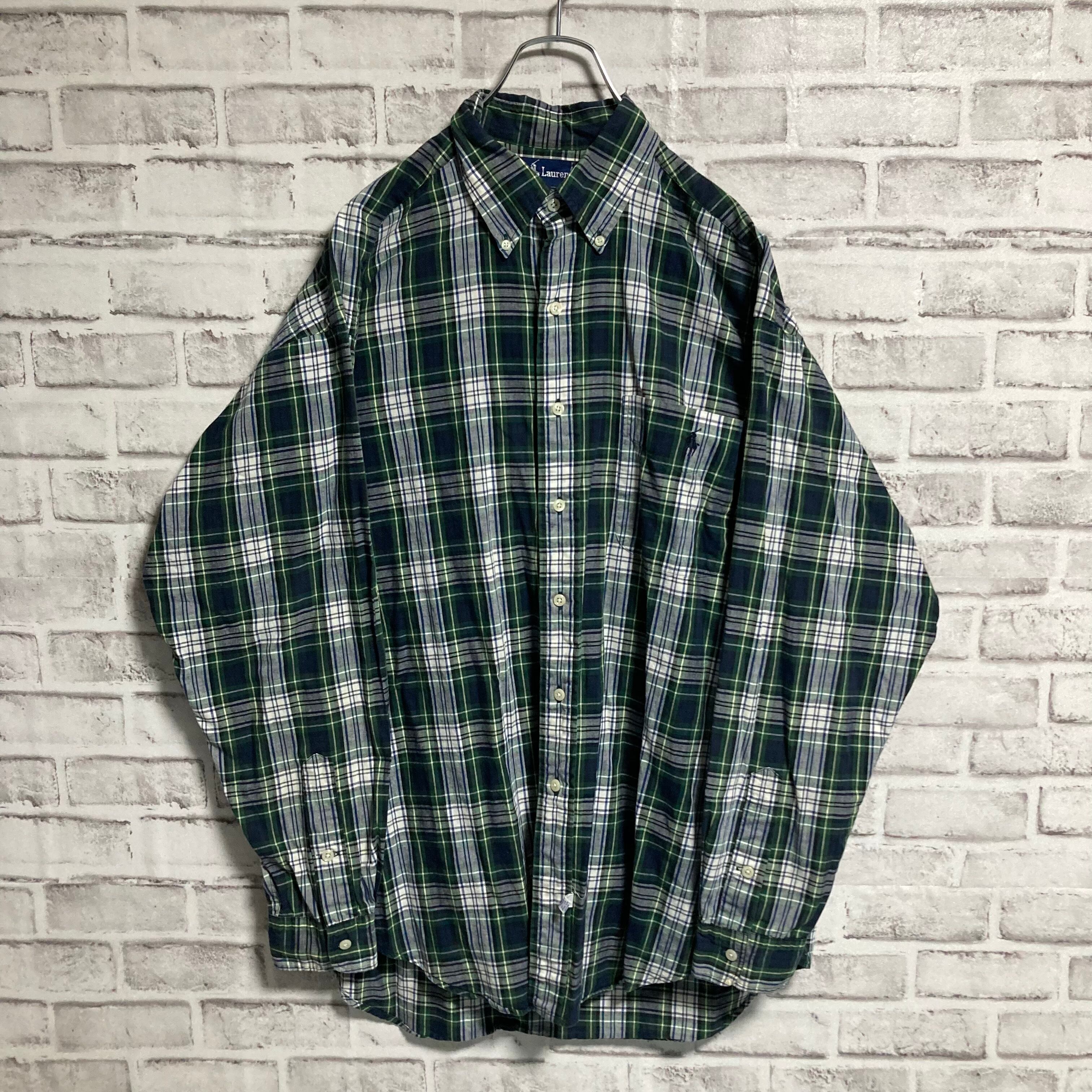 【Ralph Lauren】L/S Check Pattern BD Shirt XL相当 90s ラルフローレン チェックシャツ ボタンダウン 長袖  ポニーロゴ 刺繍ロゴ 胸ロゴ BDシャツ ゆるだぼ ビッグシルエット アメリカ 古着