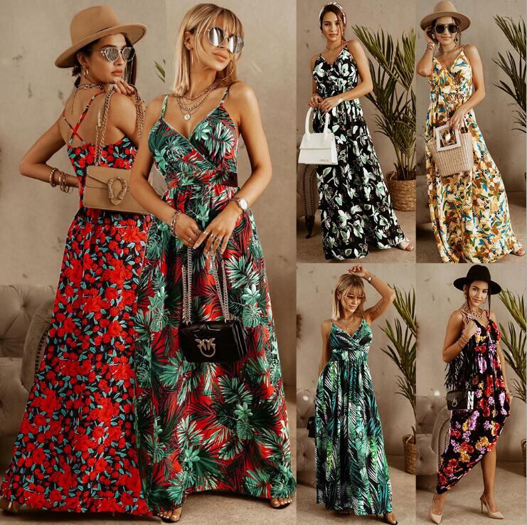 キャミワンピース Vネック マキシ丈 セクシー 着痩せ 葉っぱ柄ワンピース