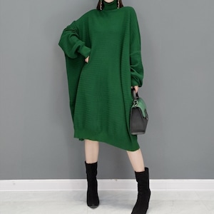 TURTLE NECK SOLID BAT SLEEVES MIDI KNIT DRESS 4colors M-4134