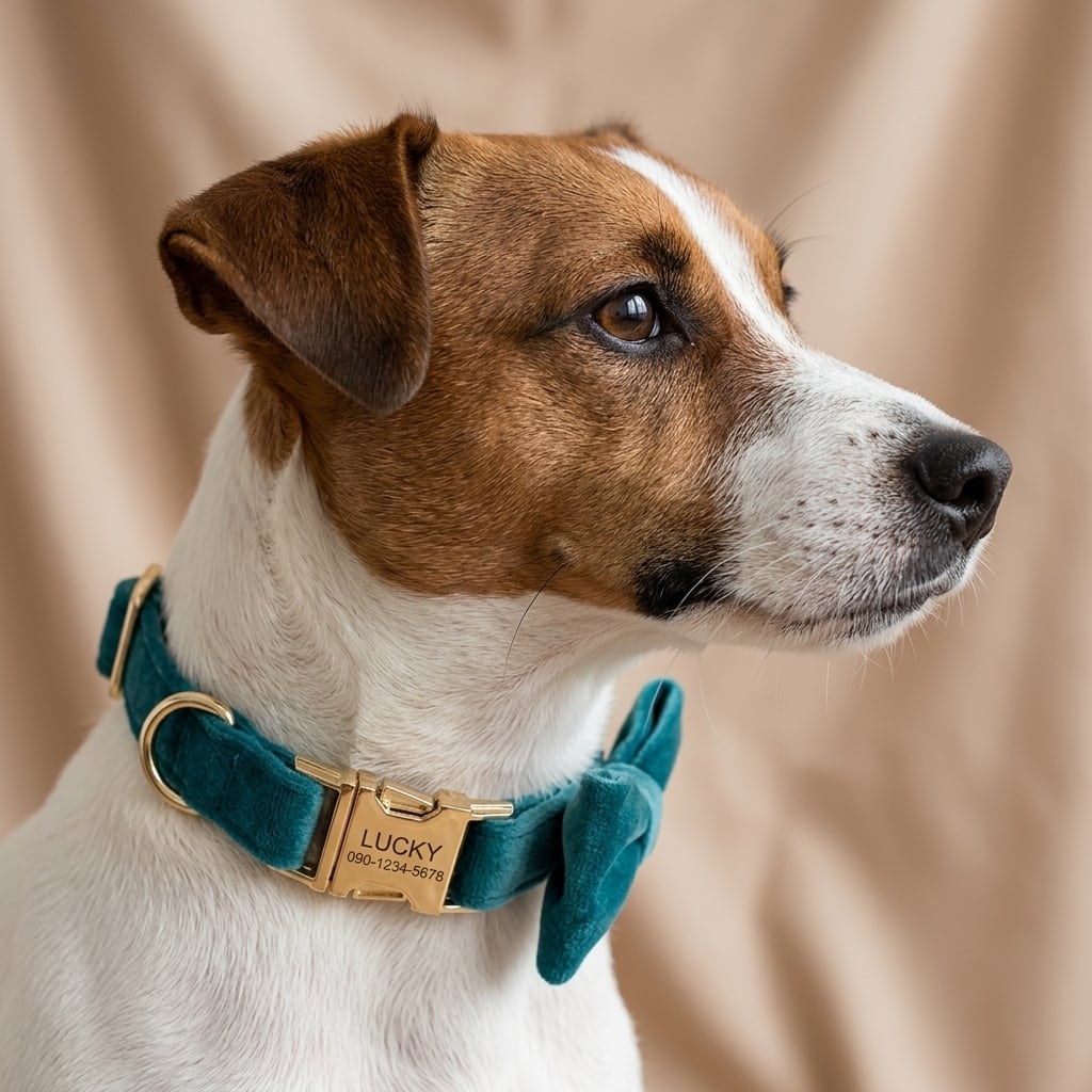 名入れ犬用首輪【ベルベット×ターコイズ】迷子札付き｜リード＆リボン