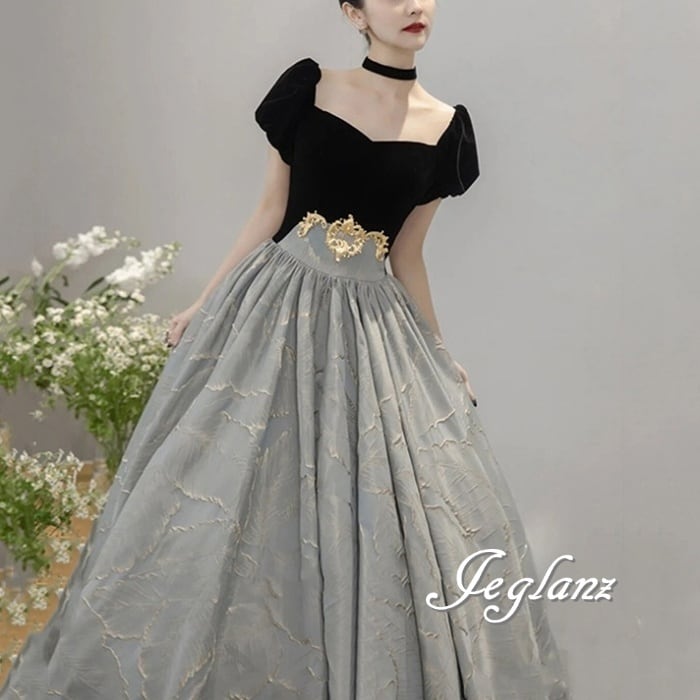 優雅 ウエディング カラードレス 異素材 ベルベット調 配色 クラシカル(M7488)π