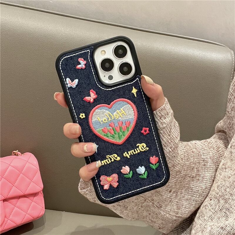 ハート刺しゅう iPhone15 Pro Maxケース かわいい iPhone15Proケース 芸能人愛用 デニム風 iPhone15ケース 大人かわいい iPhone対応 iphone 14promax 14pro 13pro 13 12 11カバー 蝶々 星柄 フラワー刺繍 スタイリッシュ 上品