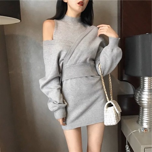 セットアップ レディース ニット 2点セット ニットセーター 長袖 Vネック カシュクールニット 肩出し ニットワンピース ノースリーブワンピース ミニ丈 ハイネックニット セクシー おしゃれ