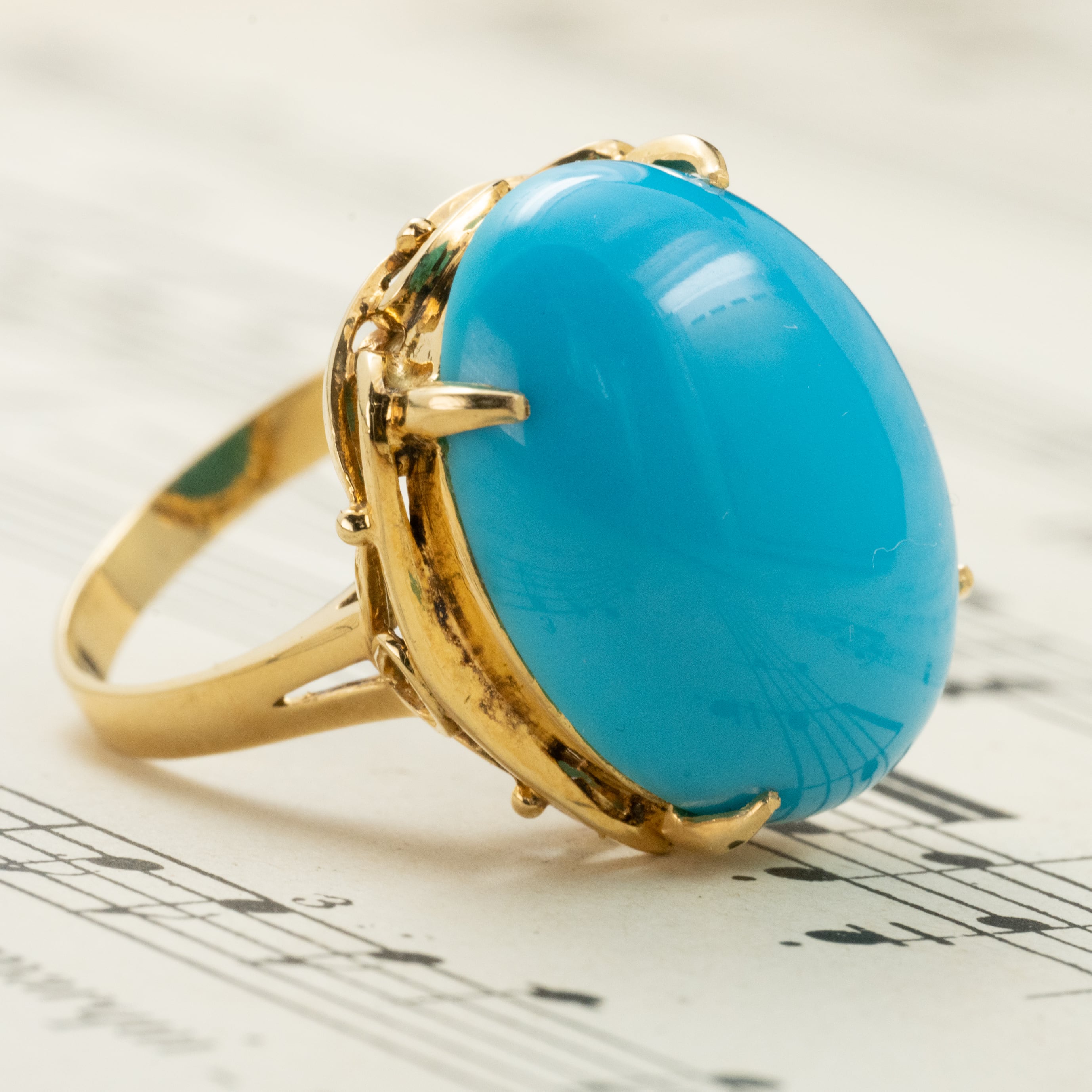 日本の作品】K18 昭和レトロ ターコイズ リング ～青空の下、明るい