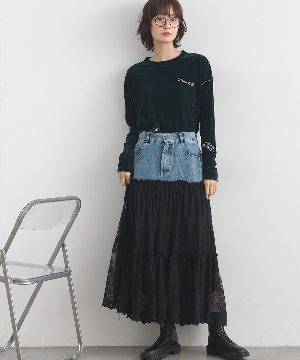 D261137 デニム×レースティアードスカート / Denim × Lace Tiered
