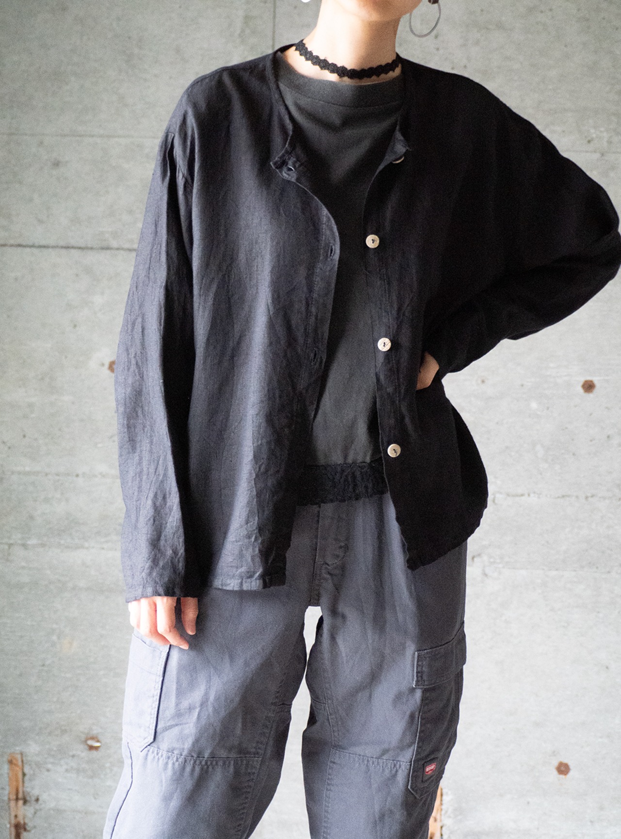 "RUSS BERENS" 1990s Linen no-collor shirt jacket