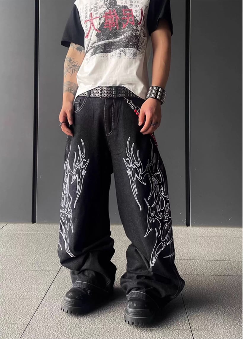 Wide leg flame denim pants 0013