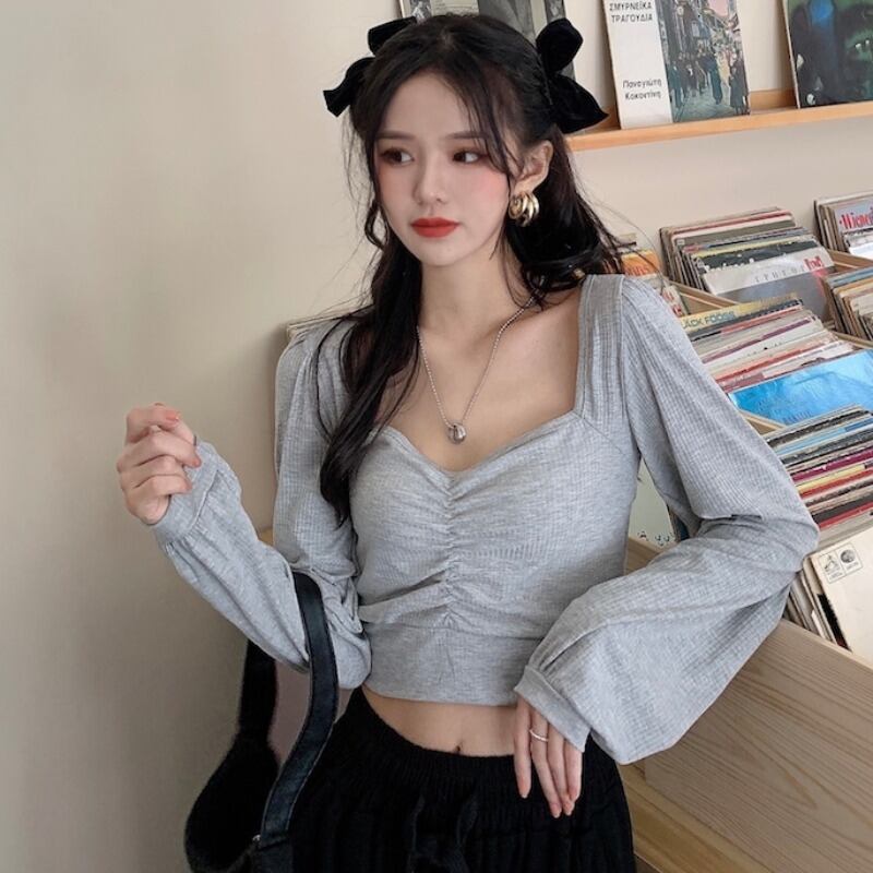 シャツ スプリングスタイルショートTシャツ スリーブVネックトップス ランタンスリーブ 春物 1号婦人72446787258