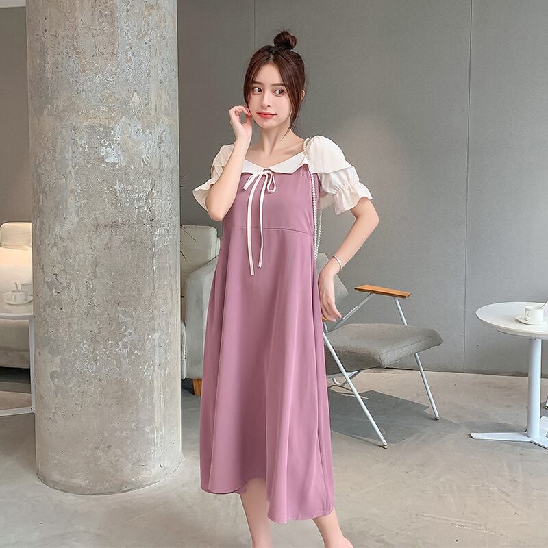 【新作】【送料無料】 マタニティウェア2020夏の新しいシフォンステッチラペルドレス、トレンディなマザーミドル丈、年齢を減らすマタニティドレス-アリババ サマー 夏物 expec219070717679