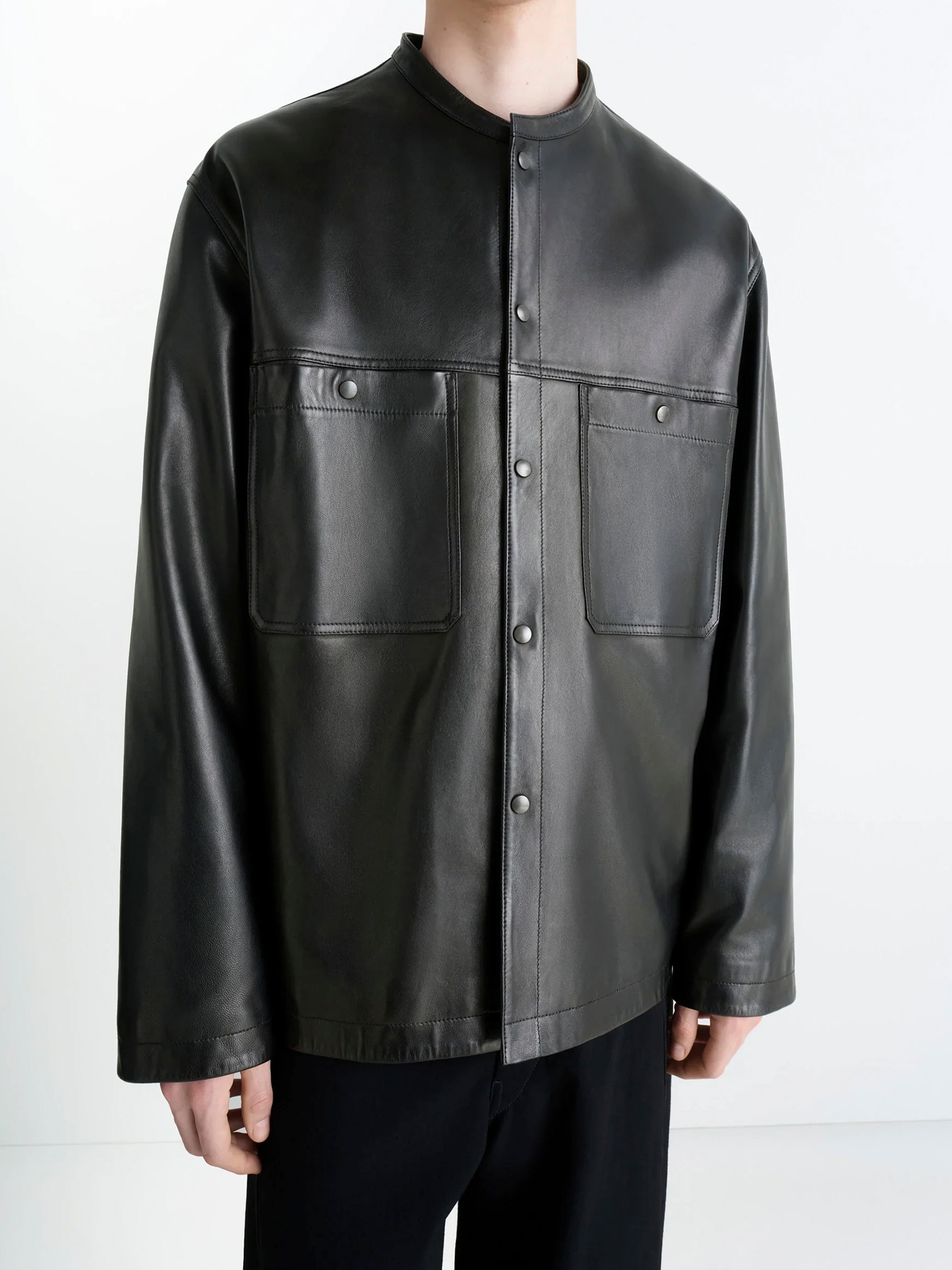 LEMAIRE LEATHER COLLARSTAND OVERSHIRT BLACK OV1028 LL0142 | BEST
