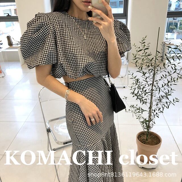 【送料無料】 ツーピース 2点セット トップス スカート マーメイドスカート ギンガムチェック 韓国 レディース オルチャン ロングスカート ミモレ ミモレ丈 ロング ロング丈 袖あり 半袖 ボリューム袖 パフスリーブ ハイネック タートルネック マーメイド 上下セット かわいい 大人可愛い 大人 上品 おしゃれ お洒落 大人女子 こなれ感 ラブリー キュート 個性的 主役級 存在感 チェック柄 春 夏 10代 20代 30代 デート 会 お泊まり 休日 パーティー イベント 旅行 着回し