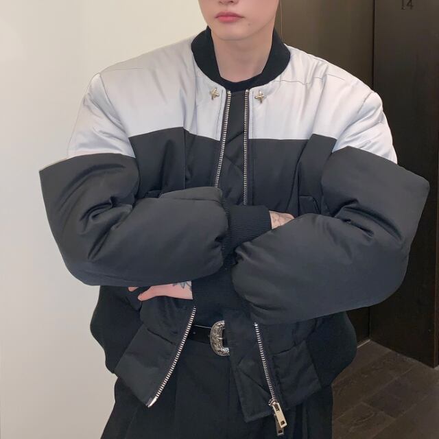 【予約販売】ブルゾン アウター ジップアップ MA-1 無地 バイカラー グレー ブラック ジャケット ショート丈 メンズ カジュアル 男前 こなれ感 お洒落 韓国 トレンド 秋 冬 M/L/XL