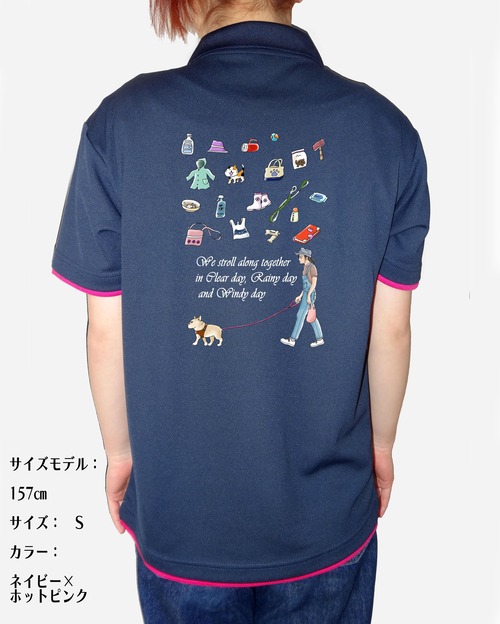 フレンチブルドッグ/ワクワクを着る!/ポロシャツ/ドライ/ハンドクラフト/デザイン変更可/ネイビー×ホットピンク