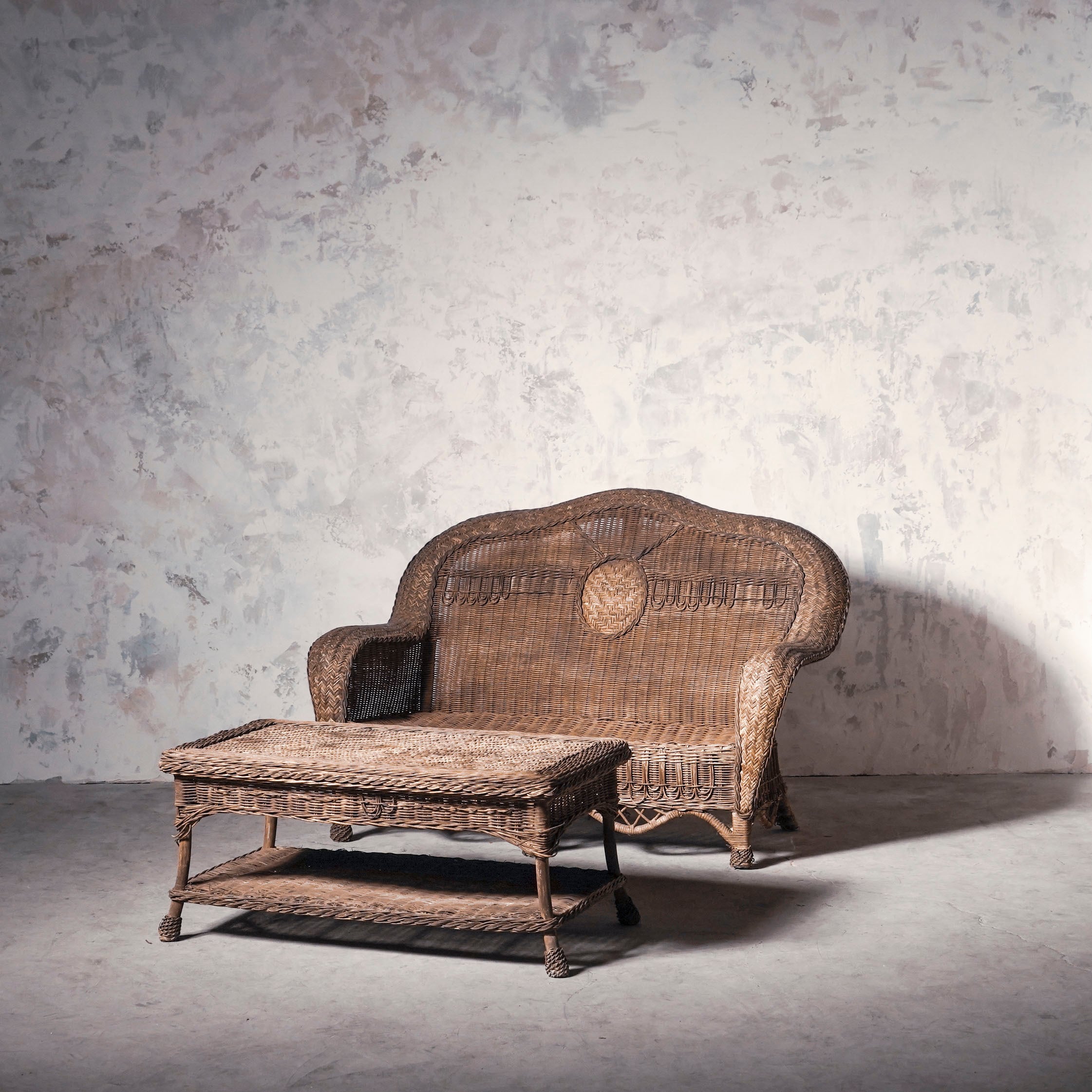 ラタンソファー&テーブル/籐編み/2シーターソファー/ラタンテーブル/セット商品/ラタン/店舗什器/美容院/スタジオ/カフェ