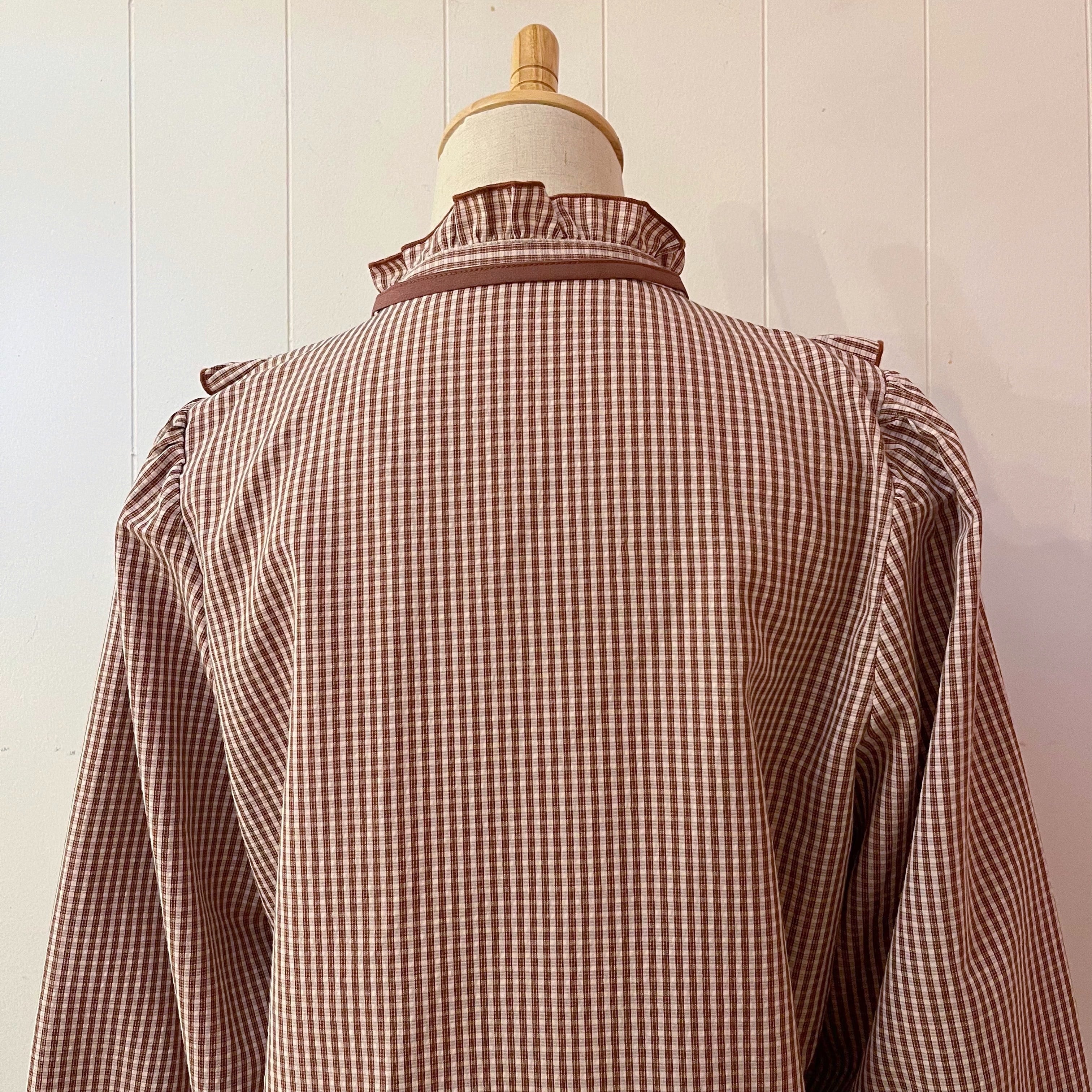 brown gingham check frill ribbon blouse