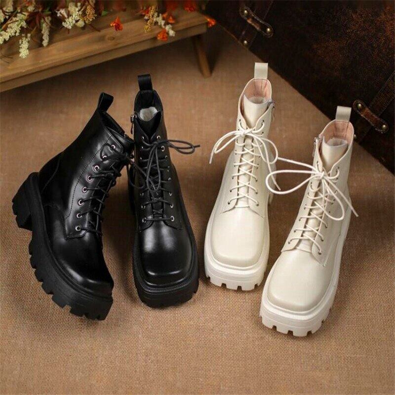 【新作】【送料無料】 女性の四角いつま先のハイヒールのブーツは、厚底のレースアップのハイヒールのブーツを増やしますブラックベージュのハイヒールのブーツ冬の女性 靴 シューズ ウィンター 冬物 スクウェア 10b392077949574