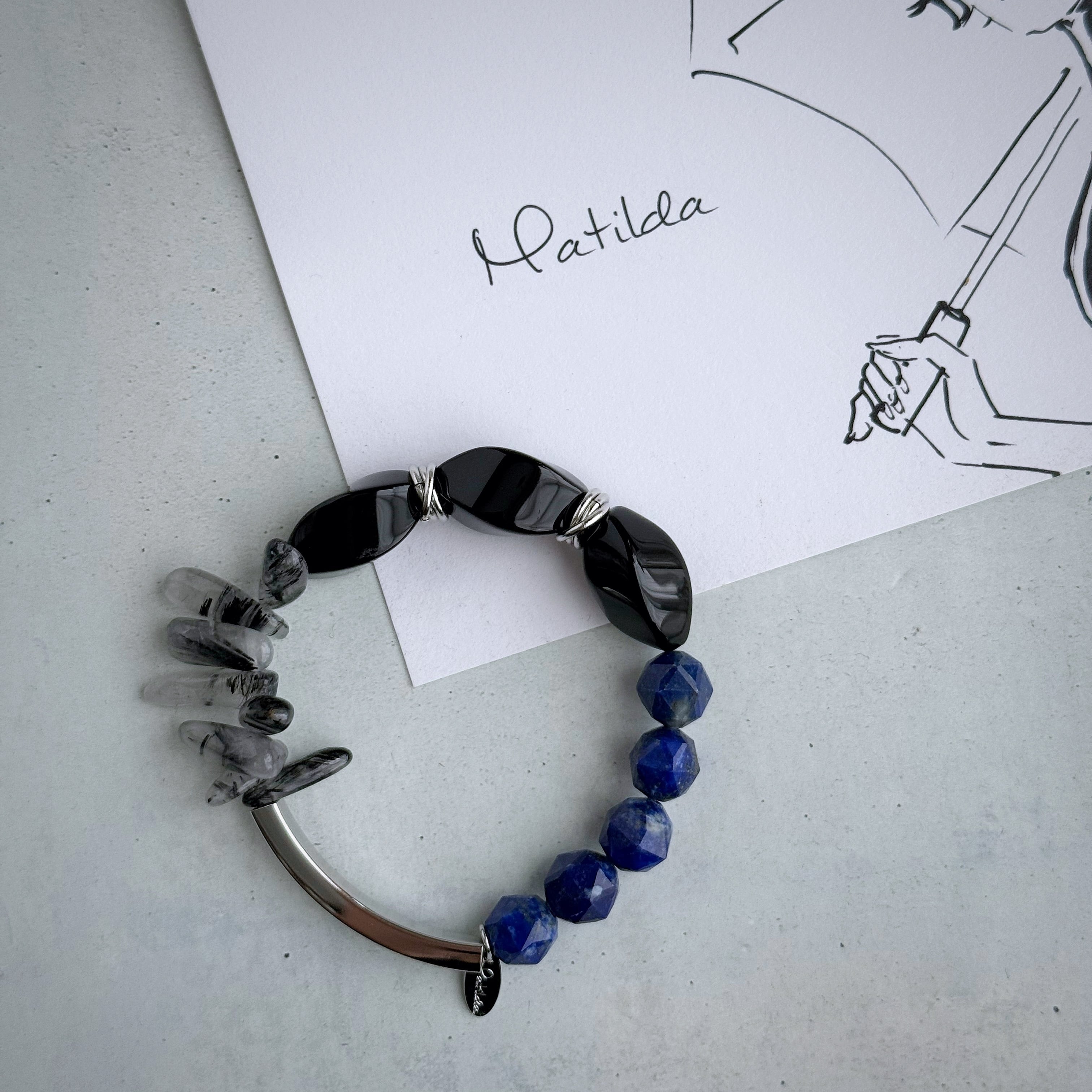 Tube & stone bracelet(オニキス×ラピスラズリ×ブラックルチルクォーツ)