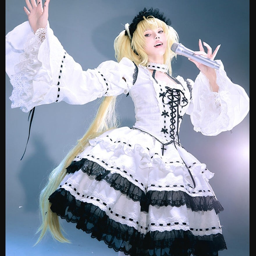 白黒レースのアイドル系ゴシックロリィタワンピース｜クロスリボン
