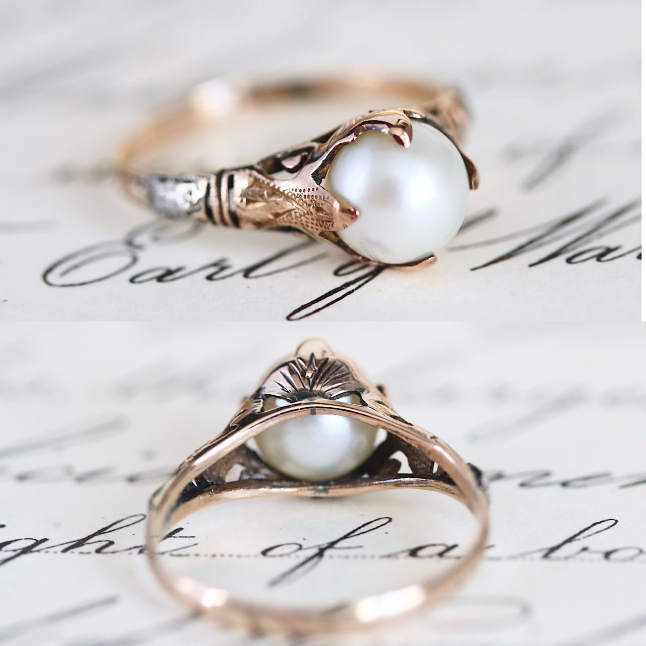 貴重】K18 一粒あこや真珠 二色金デザイン 和彫ヴィンテージリング