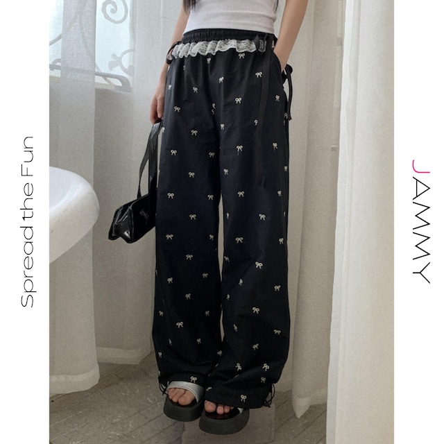 ribbon embroidered lace waist wide-leg pants J00105