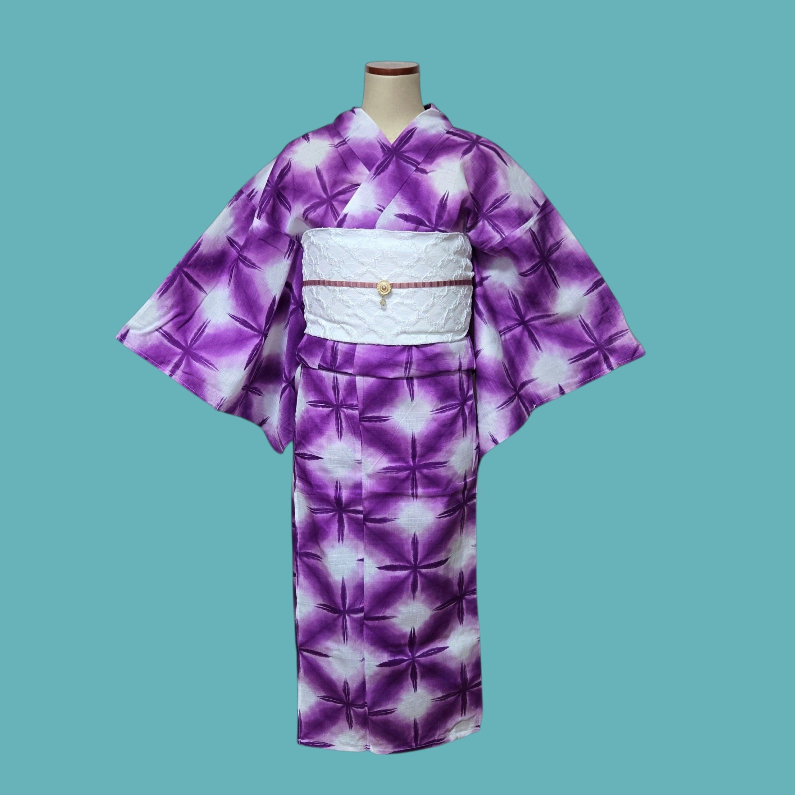新品】 綿麻 浴衣 ぼかし 紫 兵児帯 レース 白 | アンティーク着物