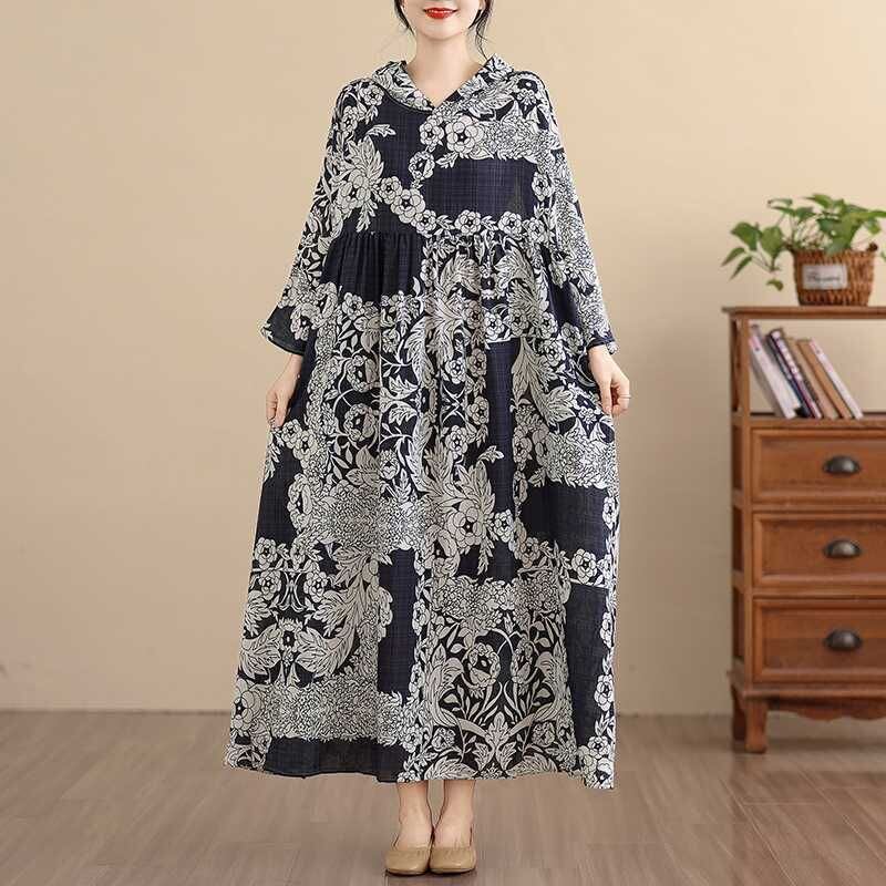 BOTANICAL PRINT HOODED A-LINE LONG PULLOVER DRESS 1color M-15823