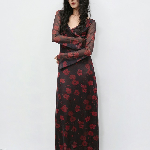 Contrast color floral sheer dress S1873